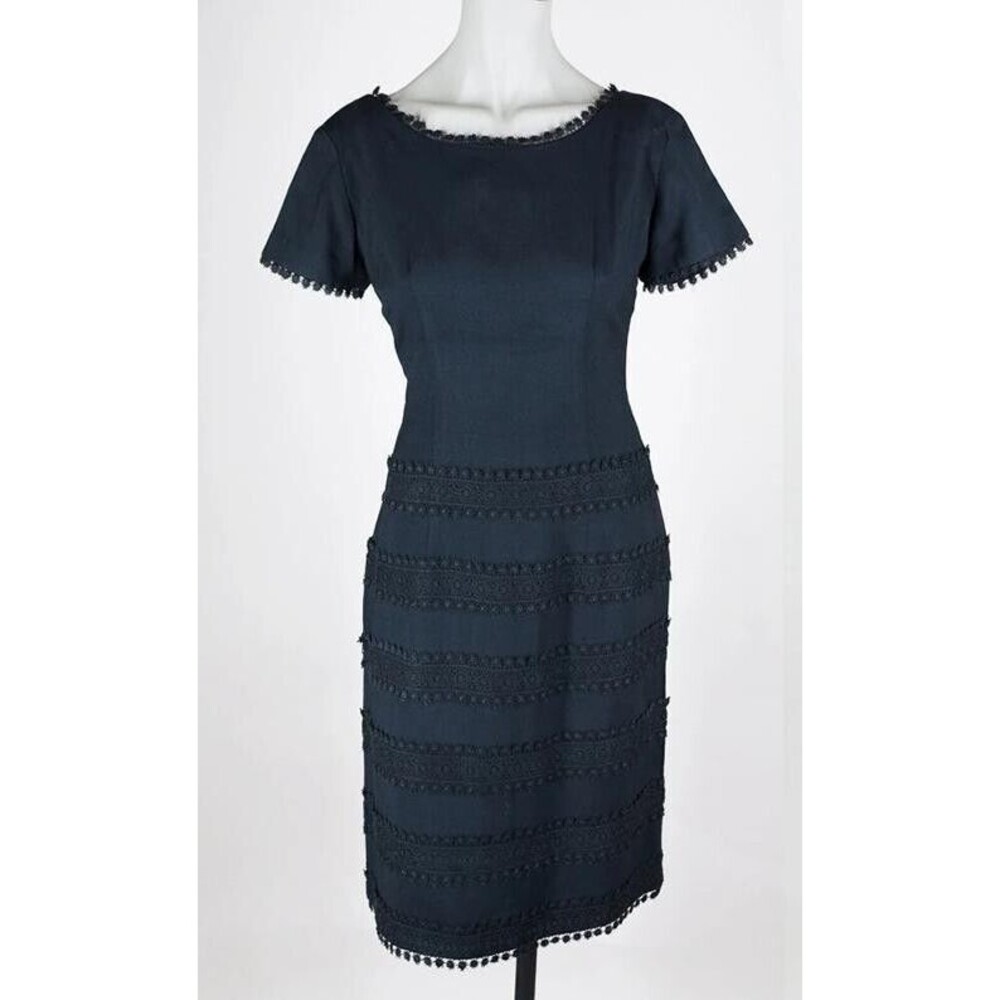 Vintage 1950s 50s L'Aiglon Black Linen & Crochet Short Sleeve Sheath Dress S